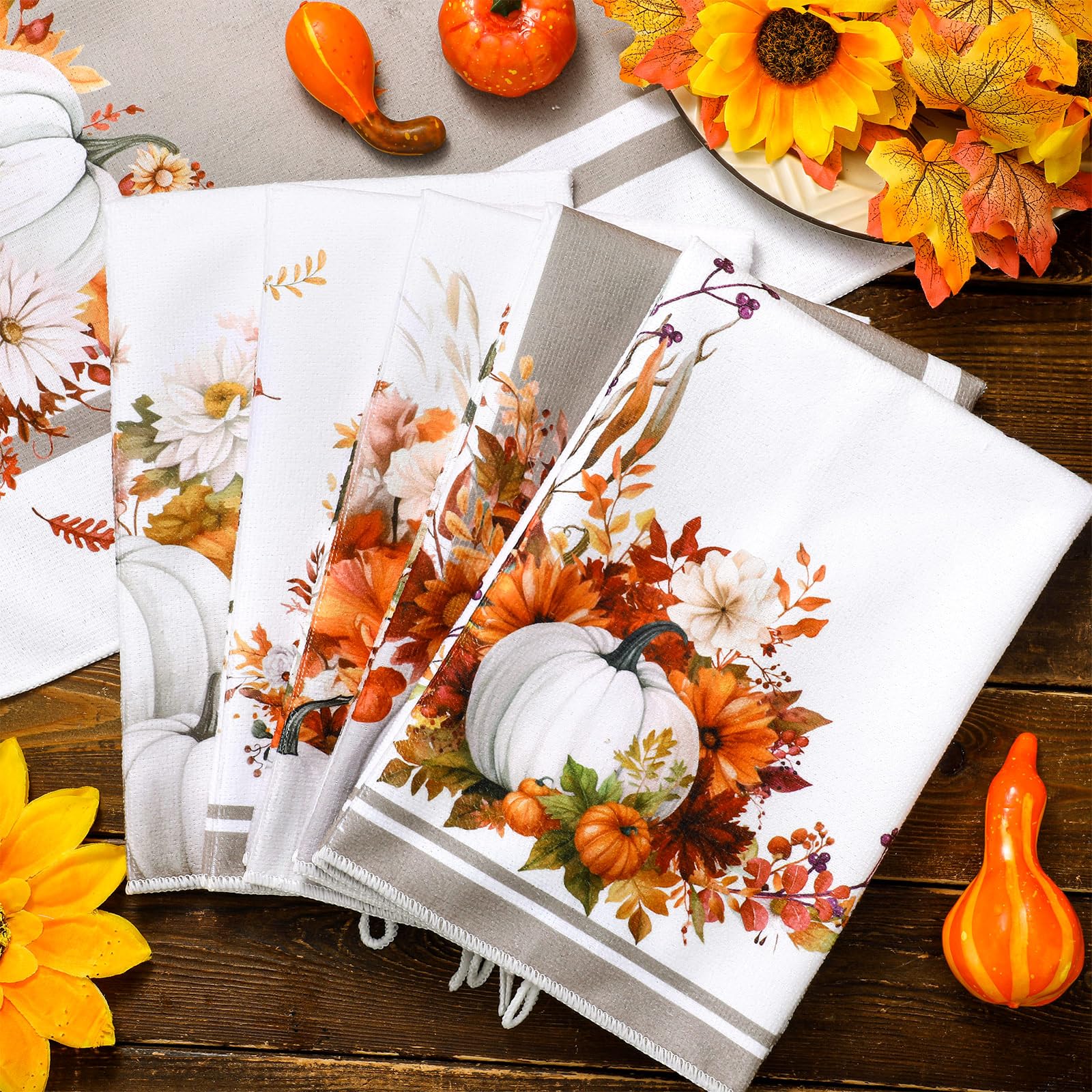 Geyoga Set of 6 Fall Kitchen Towels Autumn Dish Towels Rustic Pumpkin Hand Tea Towel Flower Kitchen Decors for Thanksgiving Fall Decorative Absorbent Fast Drying Cloth for Bathroom Cooking 16" x 24"