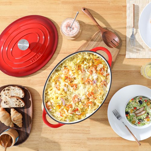 Velaze 7.5 QT Enameled Oval Dutch Oven Pot with Lid, Cast Iron Dutch Oven with Dual Handles for Bread Baking, Cooking, Frying, Non-stick Enamel Coated Cookware (RED)