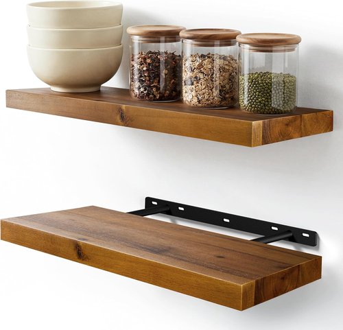 BATODA 17" Acacia Wood Floating Shelves - Rustic Wall-Mounted Storage for Bedroom & Kitchen | Includes Brackets