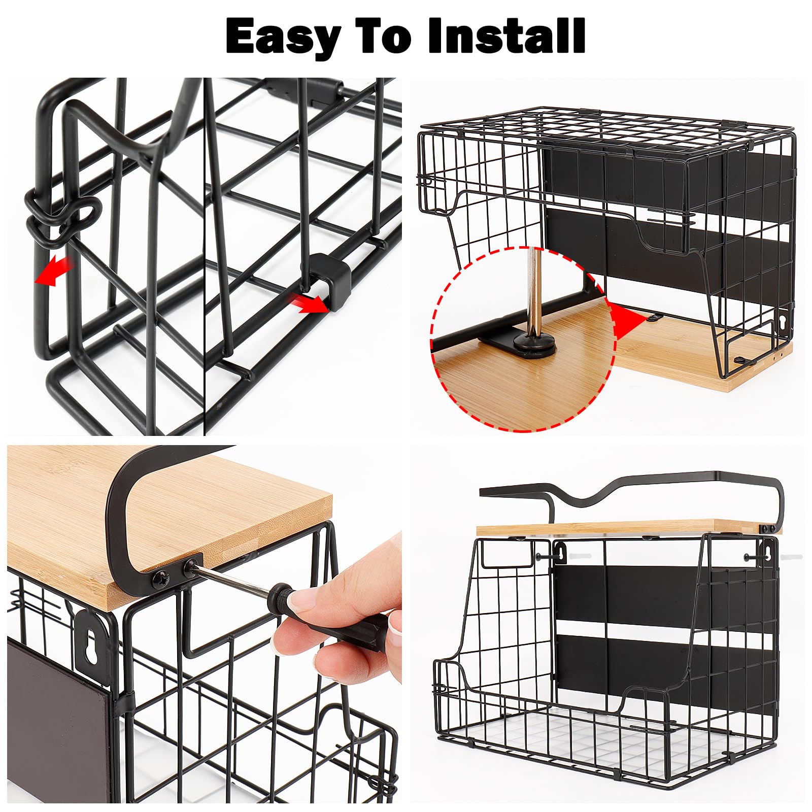 Livabber Magnetic Fridge Organizer Basket with Wood Shelf, Large Fruit Vegetable Storage Bin, Spices Snacks Condiments Rack for Kitchen Pantry, Laundry Room, Office, Magnetic or Wall Mount (Black)