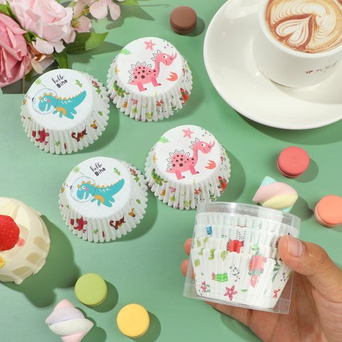 Glavatrix Dinosaur Cupcake Liners,100 Counts Cartoon Dinosaur Muffin Liner Standard Paper Baking Cup Cupcake Wrappers for Baby Shower Gender Reveal Jungle Animal Themed Birthday Party Candy Cake Decor