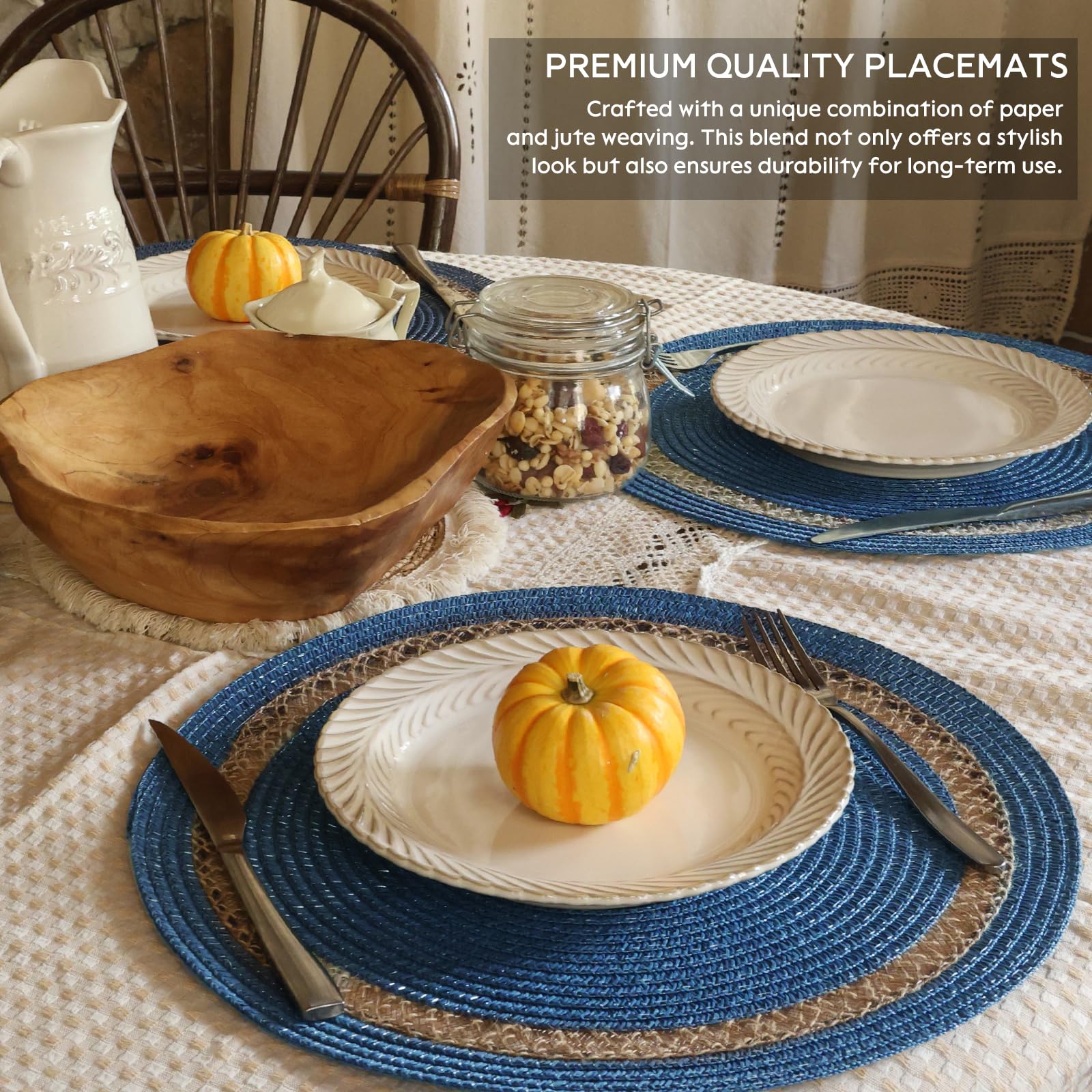 AHHFSMEI Round Paper and Jute Braided Placemats Set of 6 Non-Slip Heat Resistant Table Mats for Dining Tables Indoor & Outdoor Place mats for Daily Use (Blue,6)
