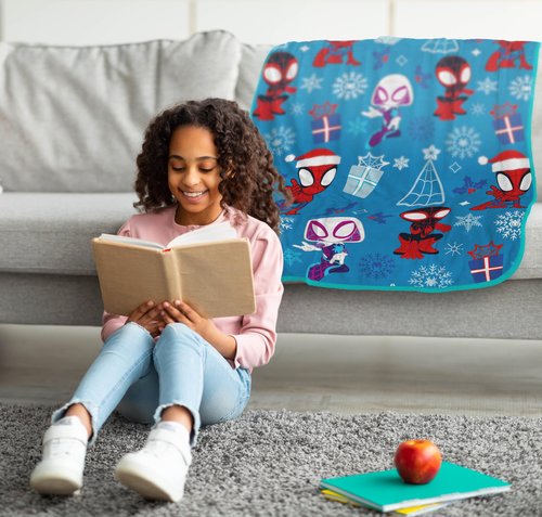 Jay Franco Kids Christmas Plush Throw Blanket – 40 x 50 Inch Soft & Cozy Fleece Throw for Holiday Bedroom & Couch Décor, Official Licensed Product, Blue - Spidey and Friends