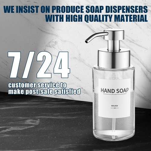 Doiliese Glass Foaming Hand Soap Dispenser, 10 oz Easy Refill Glass Soap Dispenser, Foam Dispenser with Stainless Steel Pump & Waterproof Labels, Clear Foam Soap Bottle for Bathroom Countertop