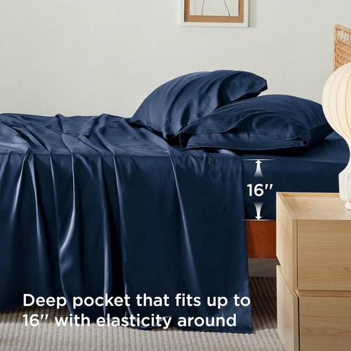 Bedsure Cooling Twin Sheets - Breathable Rayon from Bamboo, Soft & Silky, Deep Pocket Up to 16 Inches, Navy