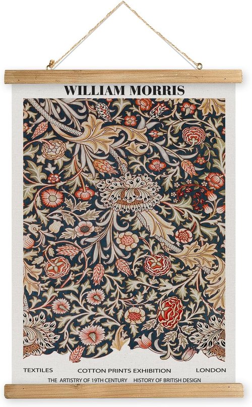 MIDEFINCH Vintage Floral Scroll Textile Print Poster - Retro Botanical Wall Art | 16x23 Inch with Wooden Hanger