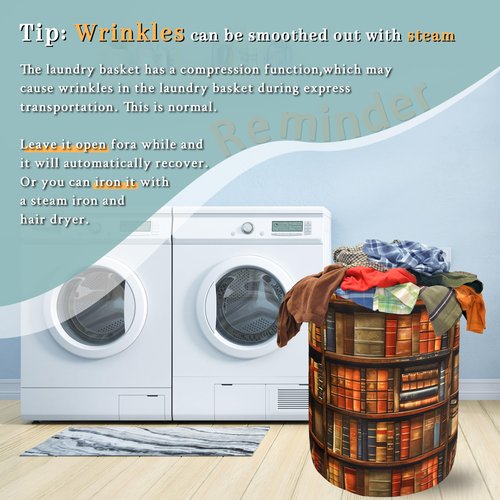 Retro Wooden Bookshelf Pattern Laundry Hamper Books Laundry Basket With Handles Foldable Oxford Cloth Funny Tote Bag Clothes Toy Storage Bucket 18.9"x16.5" For Bathroom/Laundry/Bedroom