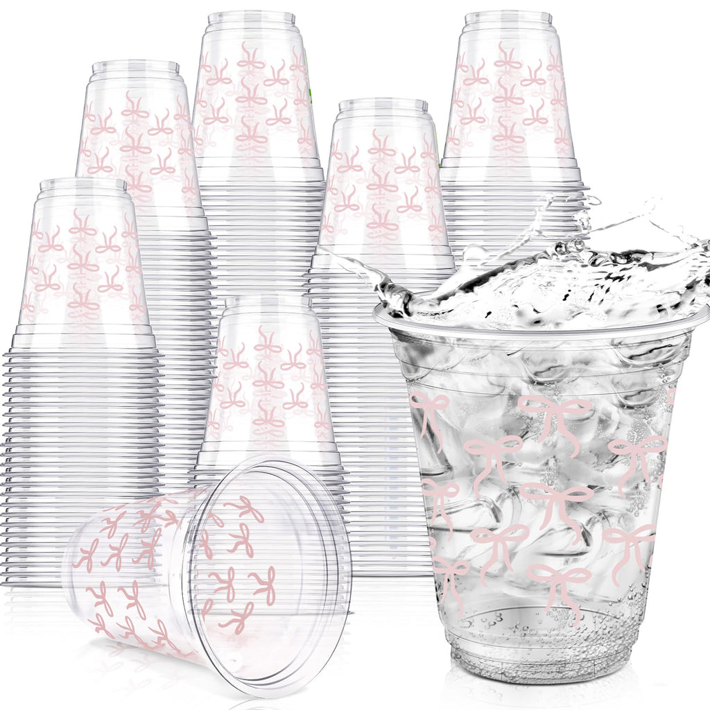 Yuxung 50 Pcs Pink Bow Snack Cups 12 oz Bow Plastic Cups Lovely Bowknot Tumbler for Just Wanna Be One Birthday Wedding Baby Shower Party Supplies