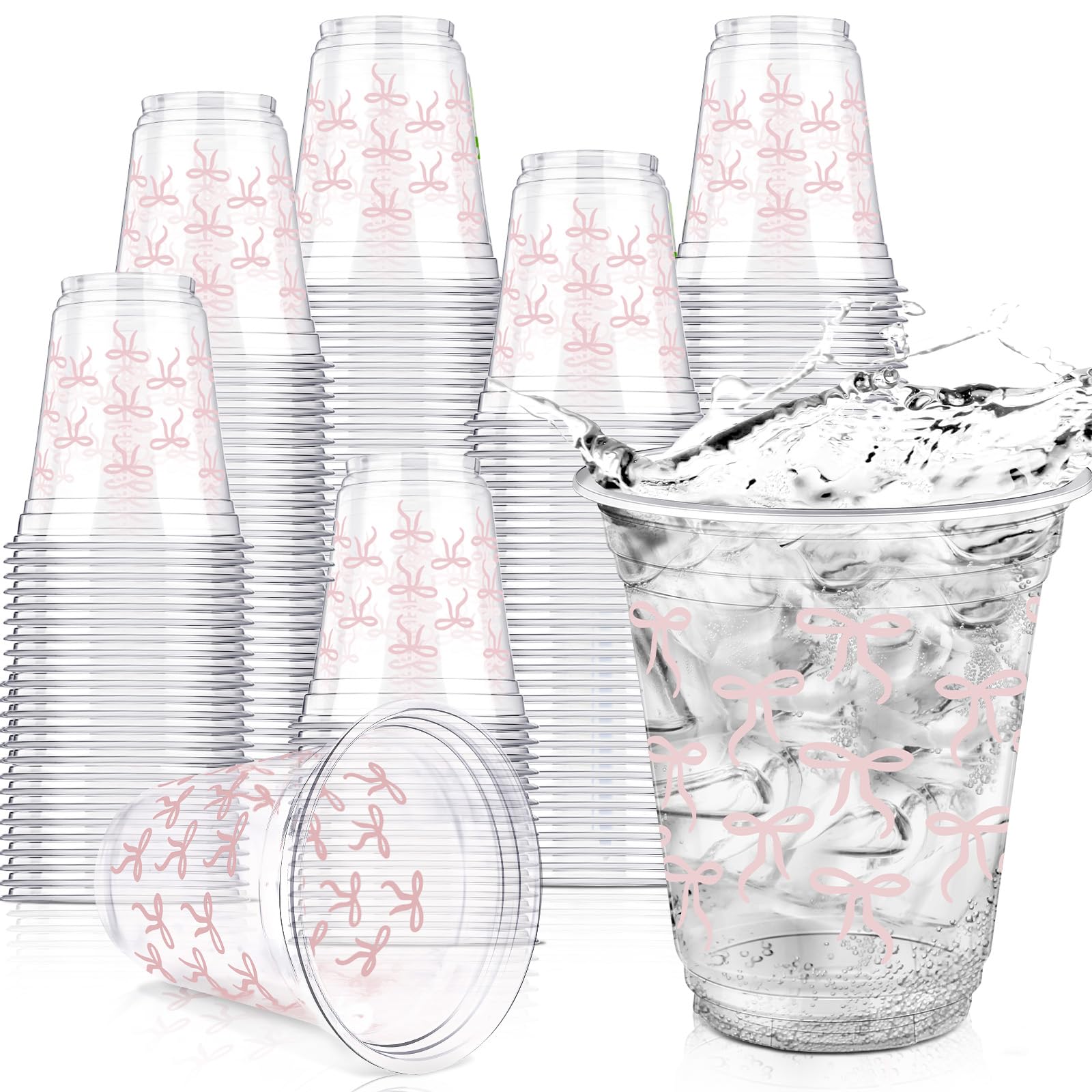 Yuxung 50 Pcs Pink Bow Snack Cups 12 oz Bow Plastic Cups Lovely Bowknot Tumbler for Just Wanna Be One Birthday Wedding Baby Shower Party Supplies