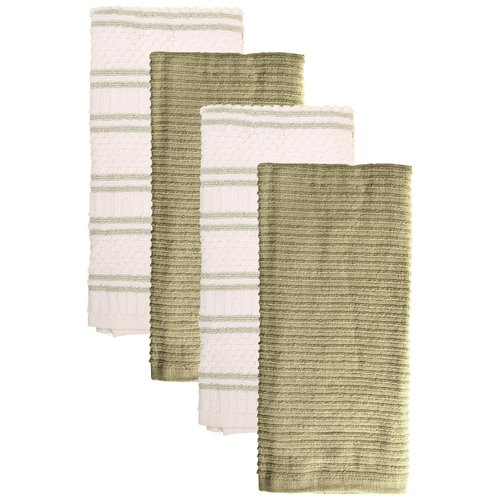 MosJos Kitchen Towels, Cotton Hand Towels, Sage Green and Cream Ribbed - Mini Weaved Stitched Set of 4 Absorbent Hand Drying Cloths, 18 x 28 Kitchen Linens