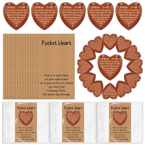 Leinuosen 50 Set Christian Gifts John 3: 16 Pocket Hug Heart Token Wooden Bible Verses Token with Prayer Cards for Church Supplies Sunday School (Dark Brown)