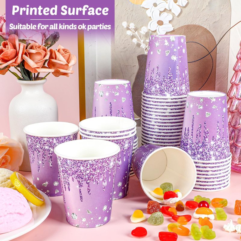 50Pcs Silver Happy Birthday Party Paper Cups 9oz Glitter Diamonds Party Cups Supplies Silver Diamonds Theme Disposable Cups for Women Girls Birthday Wedding Bridal Baby Shower Favors Decoration