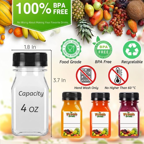100PCS 4OZ Plastic Juice Bottles with Caps, Clear Shot Bottles Reusable Containers with Labels, Funnel and Brush，Suitable for Juice Milk, Tea, Drinking, Smoothie, and Other Beverages (100, 4, ounces)