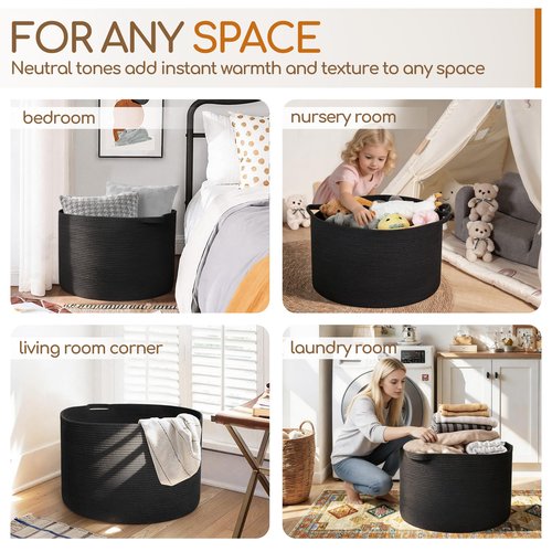 MEGASKET Large Black Blanket Basket, 22" X 22" X 14" Woven Rope Bin for Storage, Kids Dog Toy Storage Box Organizer Bins, Blanket Holder for Living Room, Decorative Wicker Basket for Organizing