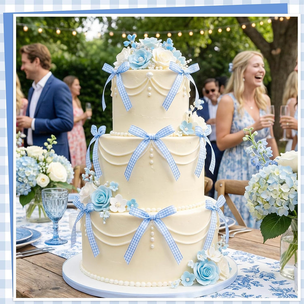 Skiennix 30 Pack Bow Cake Toppers - Blue Gingham Ribbons for Birthdays & Baby Showers