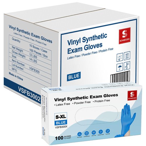Schneider Blue Vinyl Synthetic Exam Gloves, Large, Case of 1000, 4-mil, Powder-Free, Latex-Free, Non-Sterile, Disposable Gloves