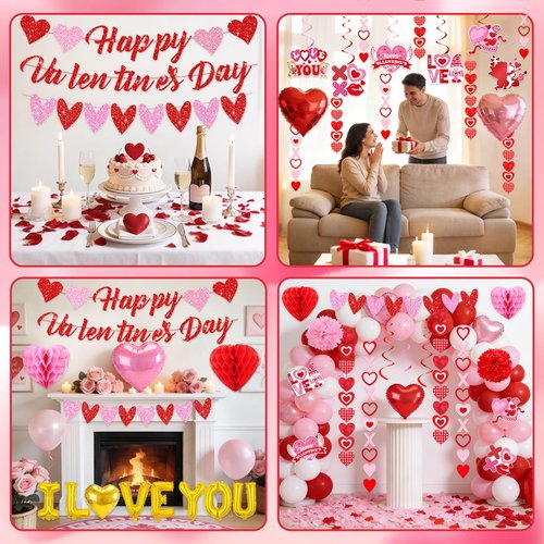 Valentines Day Decorations for Party Set Happy Valentines Day Banner Heart Valentine Garland Banner Red Pink Heart Honeycombs 1000Pcs Plastic Petals Hanging Swirls Valentines Day Balloons