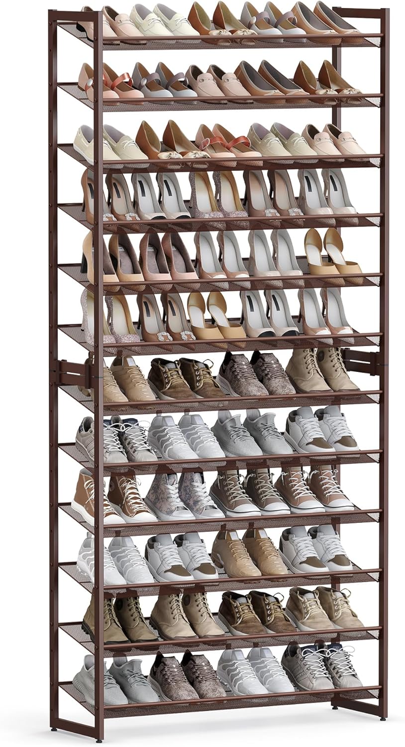 SONGMICS 12-Tier Shoe Rack - Stackable Metal Organizer for Garage | Holds 48-60 Pairs, Bronze Finish