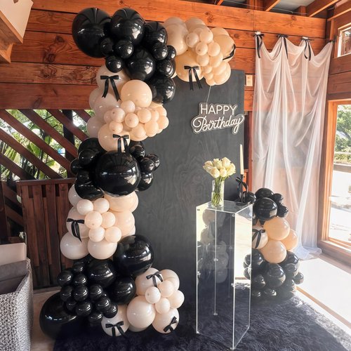 Black White Gold Balloon Garland Kit, 115Pc Beige Sand Black Cream Metallic Gold Balloon Arch Explosion Star Foil Balloons for Girls Women Birthday Bachelorette Graduation Coquette Party Decoration