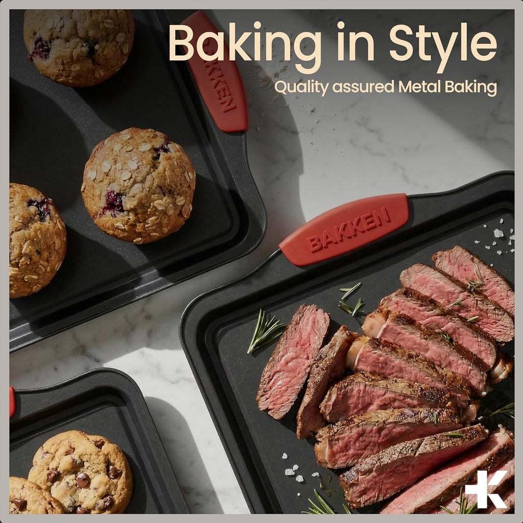 Bakkenmaster Baking Set - 8-Piece Non-Stick Oven Bakeware Set with Red Silicone Handles - Carbon Steel