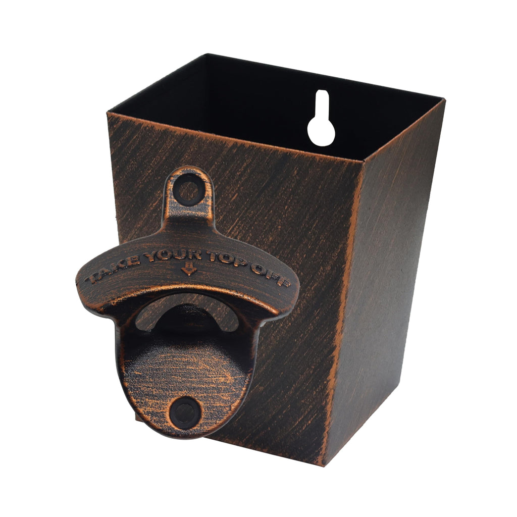 Jumiok Old Fashioned Wall Mount Beer Opener with Cap Catcher Rustproof, Antique Copper Mountable Soda Bottle Top Opener with Cap Bucket Post Mounted