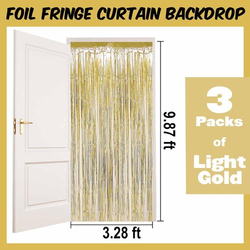 Light Gold Foil Fringe Curtains by [Brand Name] - 3 Pack Metallic Tinsel Backdrop | 3.28 x 9.8 Ft for Parties & Events