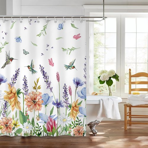 Moutina Hummingbird Floral Shower Curtains for Bathroom, Spring Summer Bathroom Decor Flower Shower Curtain Set - 72x72 Inch Waterproof Fabric Shower Curtain with Hooks Bathtub Curtain