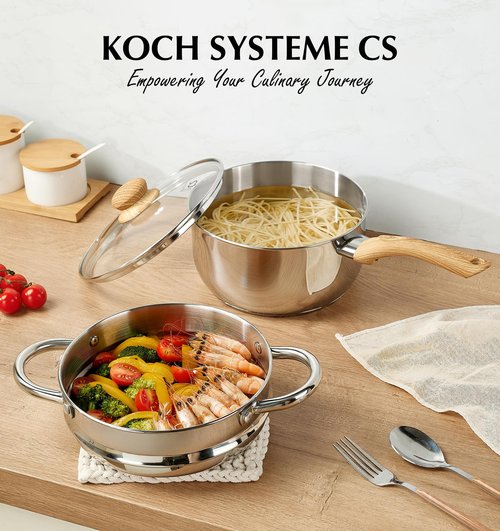 KOCH SYSTEME CS Stainless Steel Saucepan Set with Steamer, 18/10 Stainless Steel Pots 1QT& 2QT & 3QT, Sauce Pan Set with Cool-Touch Handles, Tri-Ply Steel Base, Induction Compatible Pots