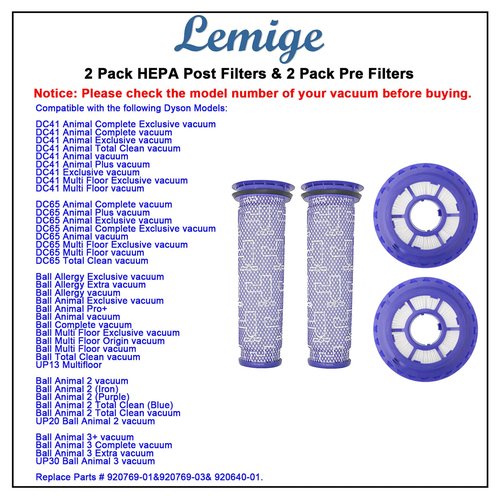 Lemige 2 Pack Post Filters & 2 Pack Pre Filters Replacement for Dyson DC41 DC65 DC66 UP13 UP20 UP30 Animal, Multi Floor and Ball Vacuum Ball Animal 2 Ball Animal 3, Compare to Part 920769-01&920640-01