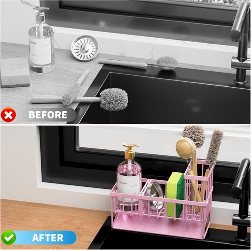 Cisily Kitchen Sink Caddy Organizer - Rustproof Stainless Steel with Brush & Sponge Holder | Pink