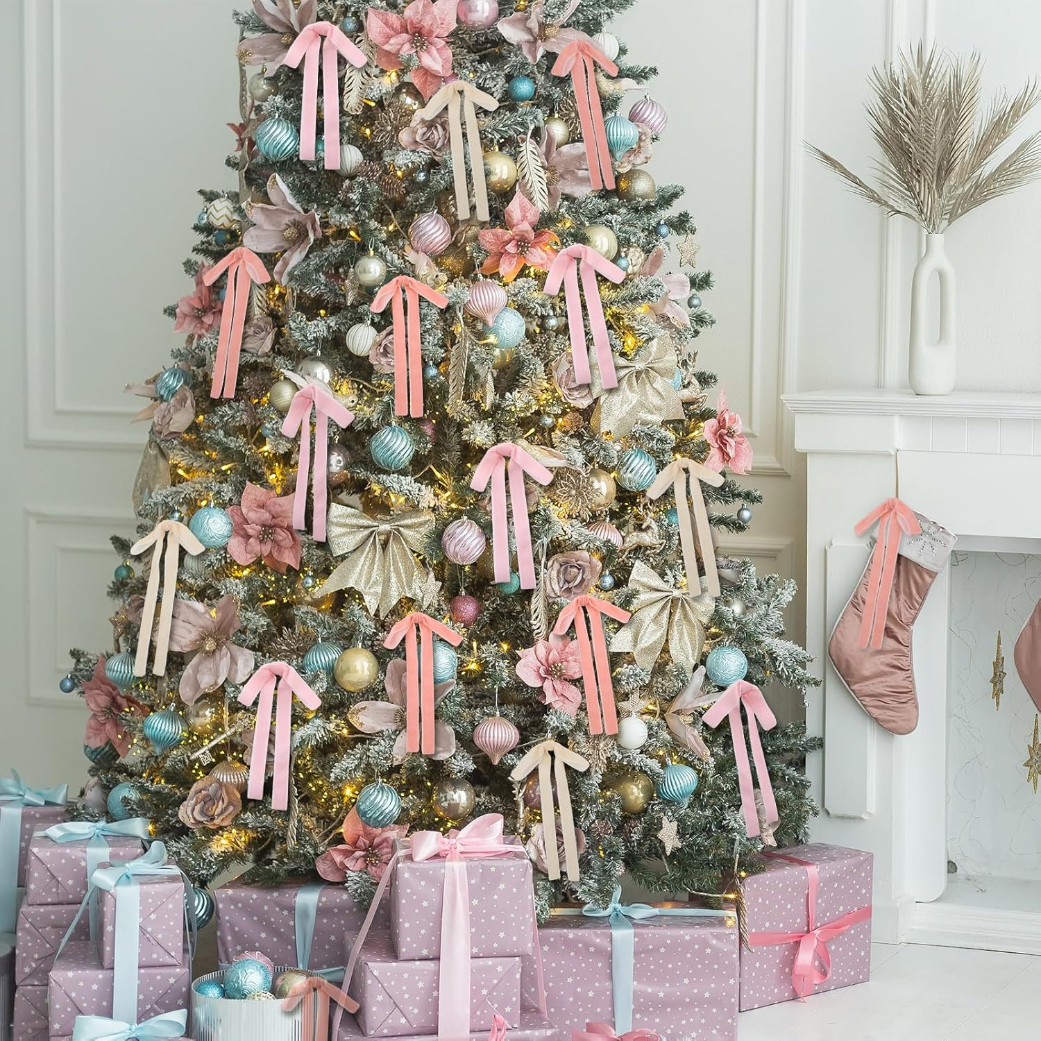 Skiennix 24 Pcs Velvet Bows - Vintage Ribbon Bows for Christmas Tree & Crafts | 5x7 Inch, Beige & Pink
