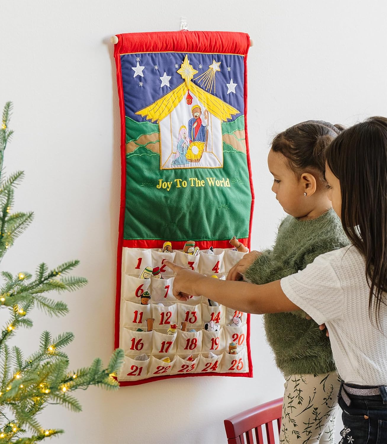 Pockets of Learning Joy To The World Traditional Nativity Advent Calendar - Holiday Décor, Fabric Wall Hanging, Christmas Countdown