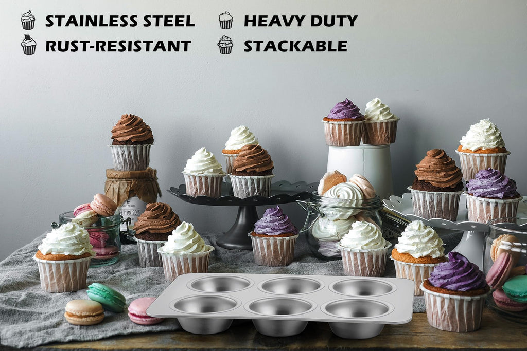 Leonyo Non-Toxic Stainless Steel Muffin Cupcake Pan 6 Cup, 2 Pack
