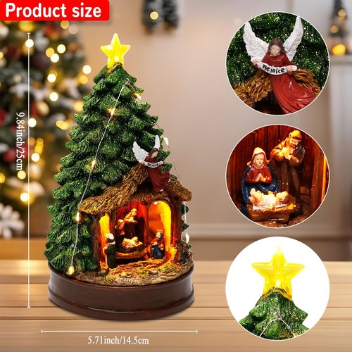 Innodept12 Christmas Tree Rotating Nativity Scene Figurines - Animated Holiday Decoration with Music, Angel & Star - 9.84" Collectible Tabletop Display