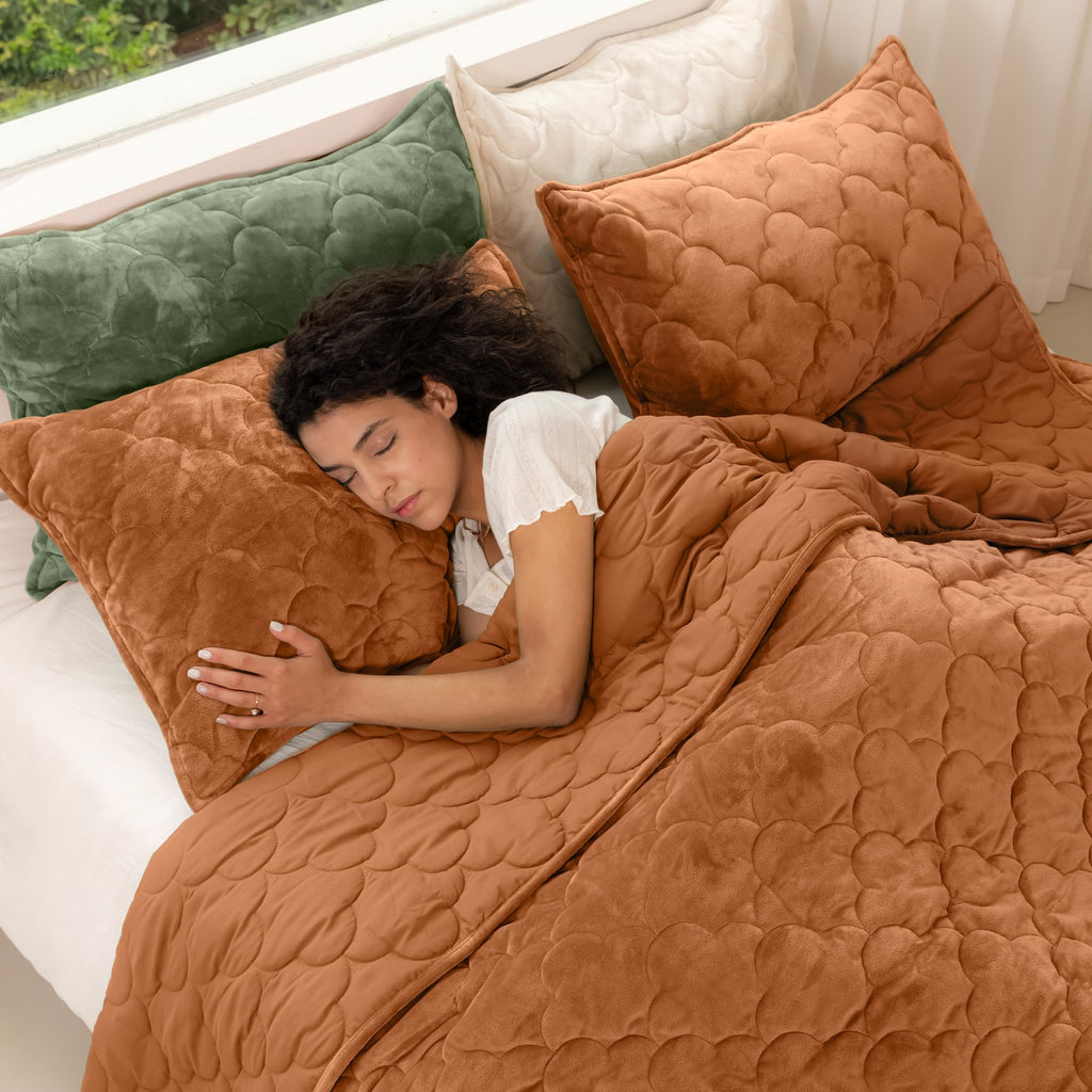 PlushHavenCloud Velvet Quilt Set Queen Size - Luxury Lightweight Velvet Bed Comforter & 2 Pillow Shams | Oversized Coverlet Bedspread 3 Piece | Oeko-TEX All Season Bedding Caramel