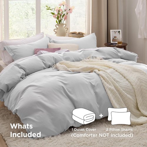 Bedsure Duvet Cover Set - Light Grey Full Size Bedding, Extra Soft Cotton-Like Polyester, 3 Pieces with Zipper Closure & 2 Pillow Shams, 80x90 Inches