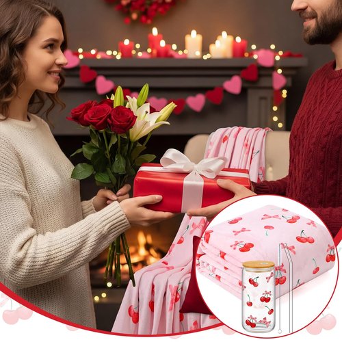 Yetene Pink Cherry Bow Party Favor Include Glass Cup and Blanket Set Pink and Red Cherry Stuff for Women Cute Birthday Gift for Women Sister Her Home Bedroom Sofa Decor Galentines Day Favors