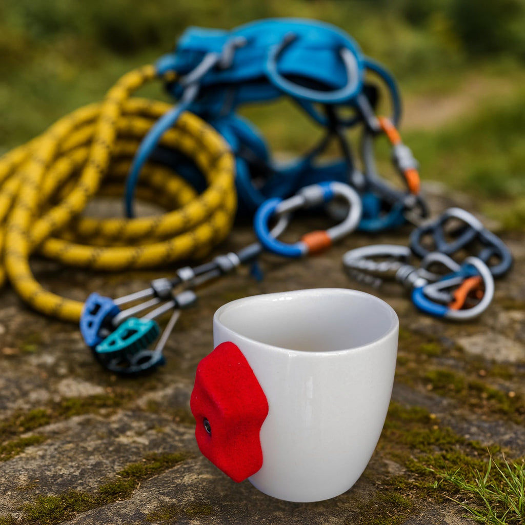 Dubbs Hardware Rock Climbing Mug – Train your grip while having a cup of coffee. Ceramic and with real climbing holds, popular Rock Climbing Gifts - Red