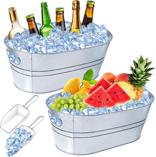 4 Gallon Ice Buckets for Parties, IKAYAS Galvanized Metal Ice Bucket Ice Tub with Scoop for Cocktail Bar Mimosa Bar Supplies, Large Champagne Bucket Beer Bucket Metal Tub (2 Pack)