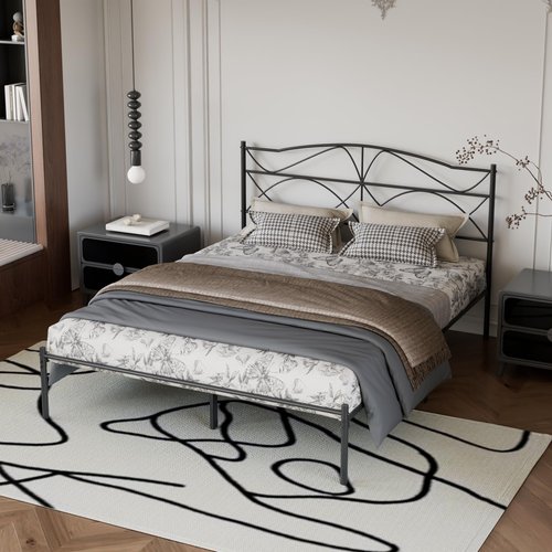 VECELO Queen Size Bed Frame, Metal Bed Platform with Headboard, Sturdy Steel Slats Support, No Box Spring Needed/Noise-Free,Easy Assembly, Dark Black