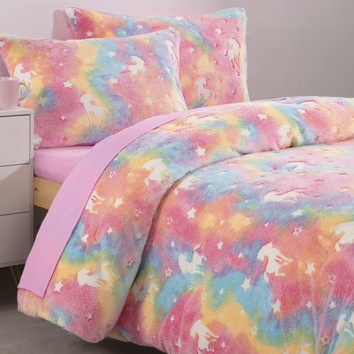 HOMBYS Pink Velvet Glow in The Dark Comforter Set 5 Piece Twin/Twin XL with Sheets, Ultra Soft Down Alternative Comforter for Teenage Girls Kids, Bed in a Bag