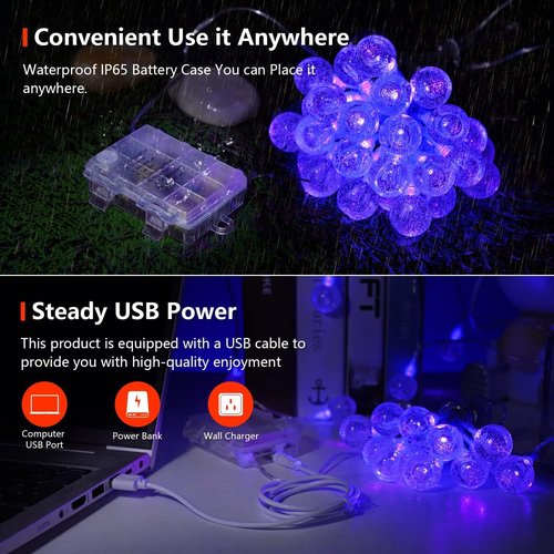 OMIKA 2 Pack Globe Fairy Lights Battery Operated, 15Ft 30LED UV Black String Lights 8 Modes with Remote Waterproof Indoor Outdoor Decorative Christmas Black Lights for Bedroom Glow Party Patio Garden
