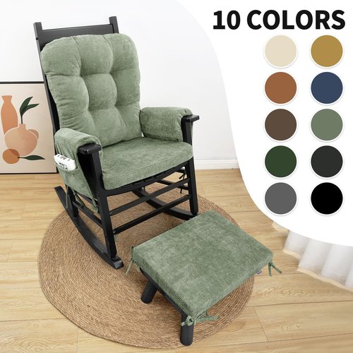 Glyzia 5 PCS Glider Rocker Replacement Cushions with Storage Side Pocket, Luxuriy Chenille Fabric Foam & Microfiber Filling, Thickened & Supportive Rocking Chair Cushion Set, Light Green