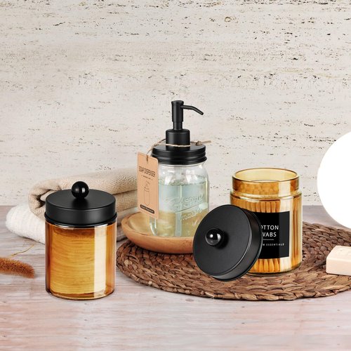 Amolliar Bronze Glass Apothecary Jar, Qtip Holder Metal Lid & Stickers, Bathroom Qtip Dispenser Storage Canister, Perfect for Cotton Balls, Cotton Swabs, Makeup Pads, Bath Salt, Floss, 4 Pack (Black)