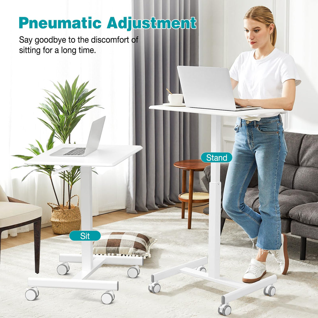 DUMOS Small Standing Desk Mobile Portable Rolling Laptop PC Table on Wheels Adjustable Height Computer Workstation for Home Office Small Space, 19 Inch, White