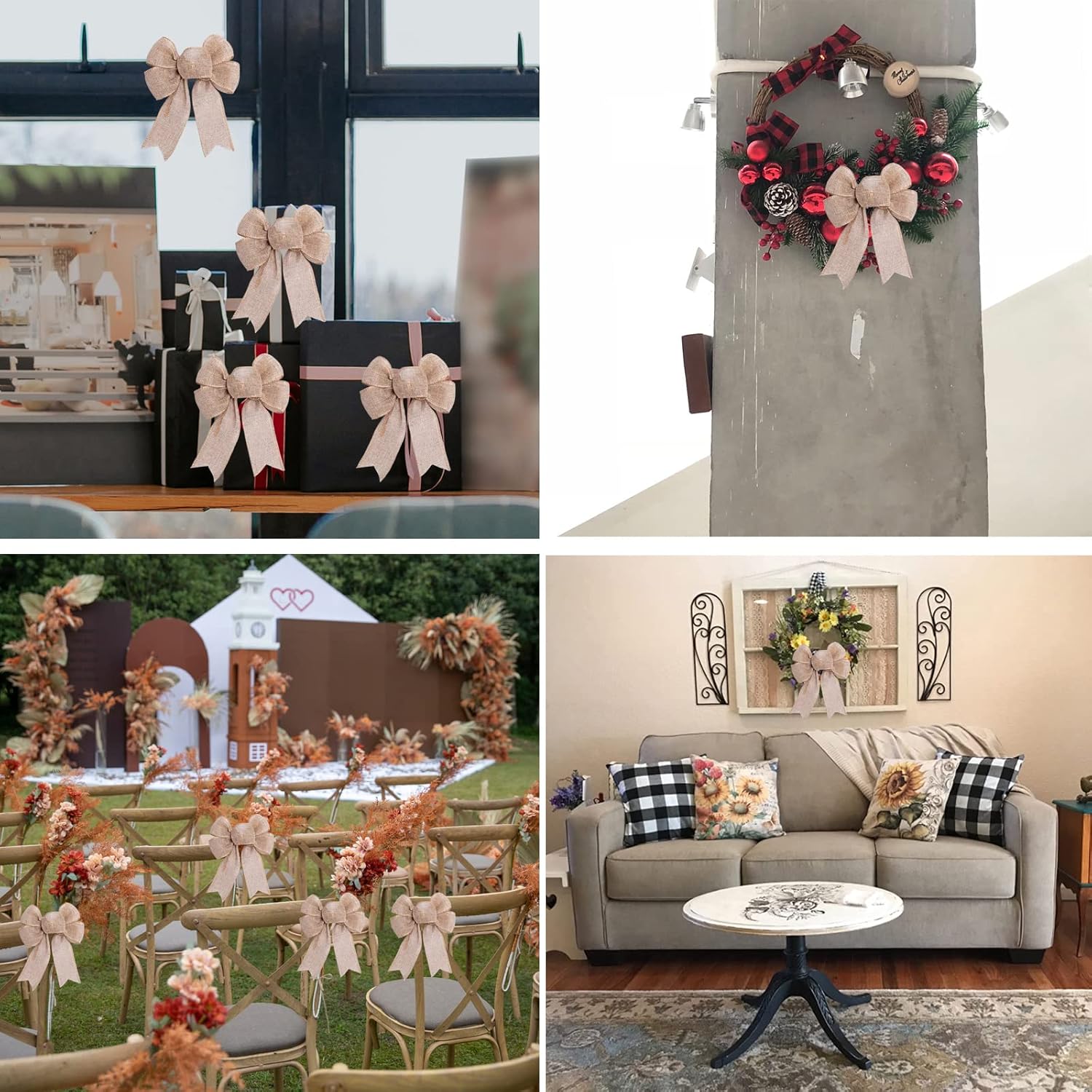 Skiennix Rustic Jute Wreath Bows - 6-Pack Burlap Decorations for Weddings & Holiday Parties