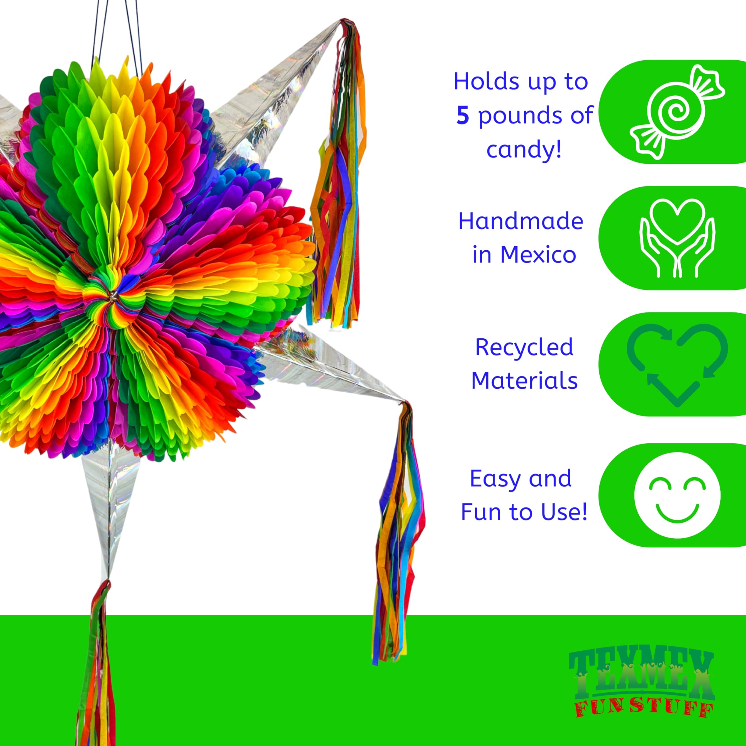 Mexican Pinata – Jumbo 33” Rainbow Piñata with 25-ft Rope Included – Easter Piñata, Pride Pinata, Holds 5 lbs of Candy – TexMex Fun Stuff