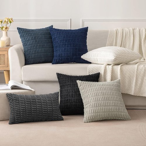 MIULEE Corduroy Throw Pillow Covers - Soft Boho Striped Design | 16x16 Inch Blue for Modern Farmhouse Decor