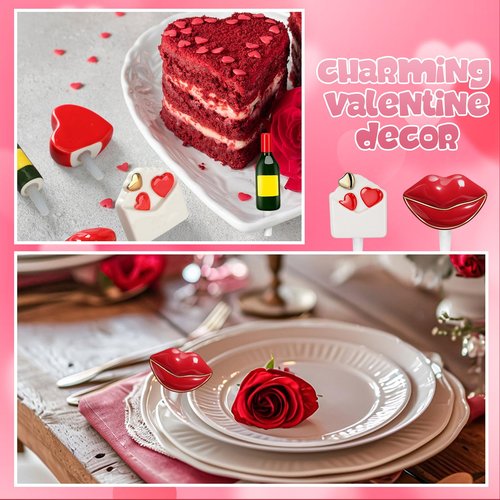Sieral 4 Pcs Valentine Plate Decorations Hand-painted Ceramic Valentines Day Red Heart Wine Bottle Heart Envelope Red Lips Ceramic Plate Accent for Home Serving Dishes Platter Party Supply