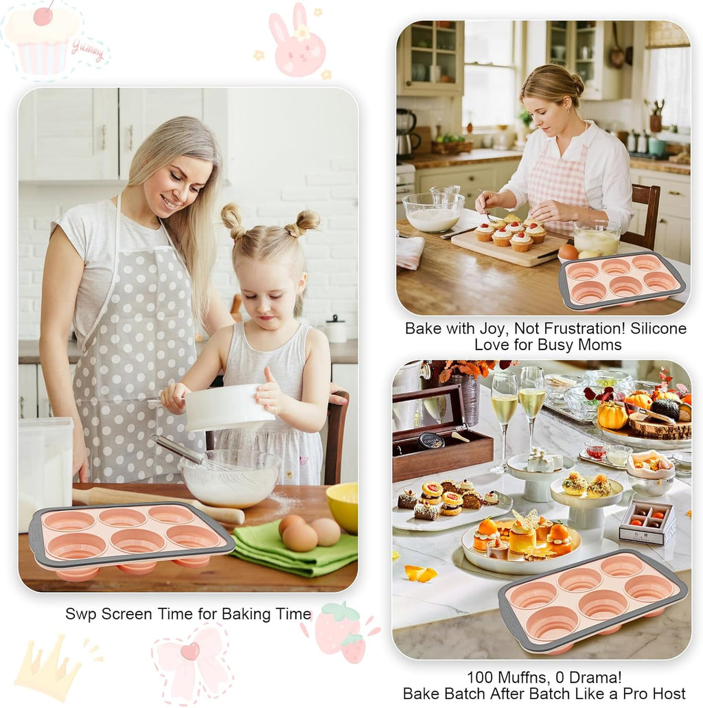 Skiennix Silicone Muffin Pan - Nonstick 6-Cup Baking Molds | BPA-Free, Easy to Clean, Pink